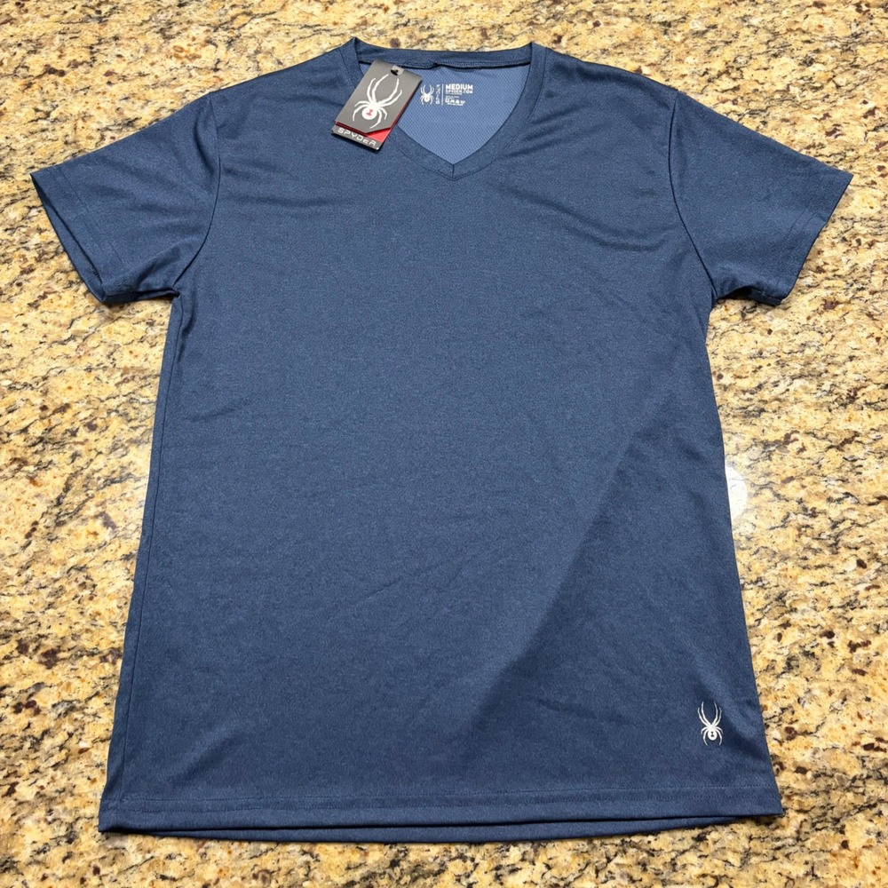 NEW Spyder Mens V-Neck Performance T-Shirt Navy Blue Heathered Active Top M ws